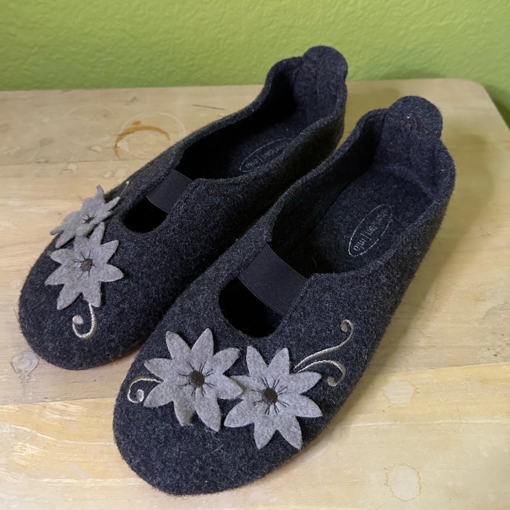 Sheridan Mia Dark Brown Felted Flats with Decorative Tan Flowers